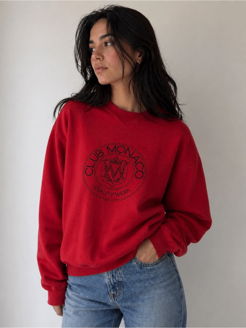 Club Monaco 90s Vintage Red Sweatshirt with Quality Wear Crest.  SZ Large